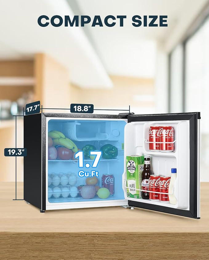 Upstreman 1.7 Cu.ft Mini Fridge with Freezer, Black-FR17 | Dorm Essentials, Adjustable Thermostat, Energy Saving, Low Noise, Compact Refrigerator for Dorm, Office, Bedroom