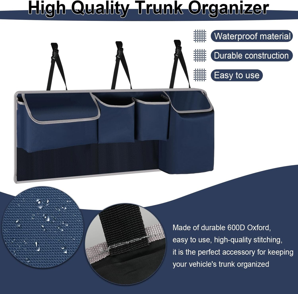 UYYE Trunk Hanging Organizer, Backseat Storage Bag, Collapsible Car Interior Accessories with 4 Pockets & 2 Mesh Pouches for Tools, Provide More Storage Trunk Space for SUV, Jeep, MPVs (Drak Blue)