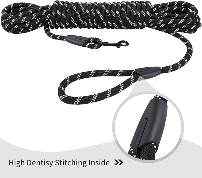 Long Dog Leash for Training 50Ft-Reflective Nylon Rope with Swivel Hook-Recall Agility Lead for Large Small Medium Dogs Outside Walking Hiking-Black Diam 1/2"