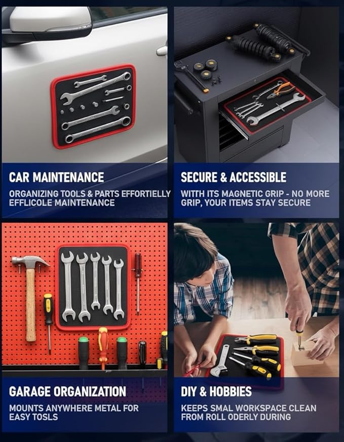 Magnetic Tool Mat & Holder | 12.8"x9.8" Flexible Magnetic Tray for Garage Workshop, Scratchproof PVC Surface with Non-Slip Grip | Auto Repair, Toolbox Organizer for Mechanics & DIY