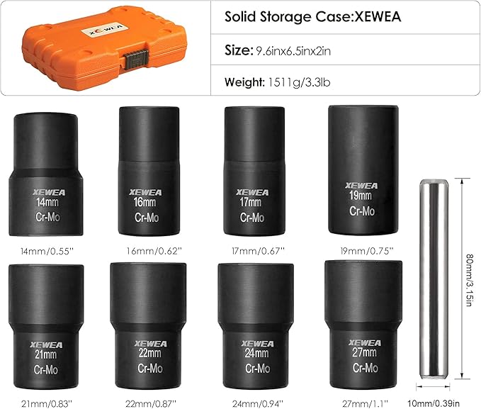 XEWEA 9PCS Lug Nut Extractor Set, 1/2" Drive Impact Bolt Remover Socket Tool, Wheel Lock Removal Kit, Easy Out Extractor Set for Damaged, Frozen, Rusted, Rounded-Off Bolts, Father's Day Gift