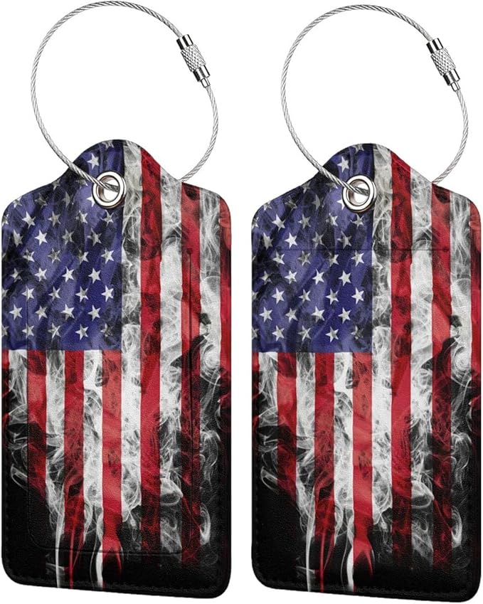 2 Pack American Flag Luggage Tags for Suitcases, Cool Leather Luggage Tag for Travel, Bag Tag Privacy Name ID Card Bag Labels for Friends Adults Kids Tourists