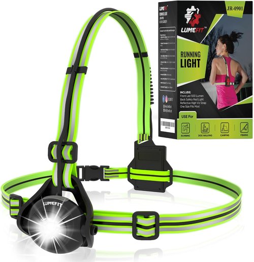 LUMEFIT Running Lights - Adjustable LED Chest Light with Yellow Reflective Vest for Night Safety | Rechargeable Jogging Gear