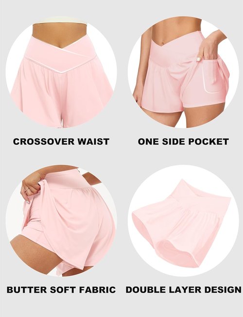 FireSwan Women's Crossover Athletic Shorts - 2-in-1 Flowy Running Shorts with Pockets | Butterfly Design
