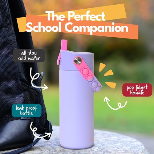 Elemental Insulated Kids Water Bottle - Leak-Proof Stainless Steel with Straw Lid & Pop-It Handle | 18oz Lilac Tie Dye