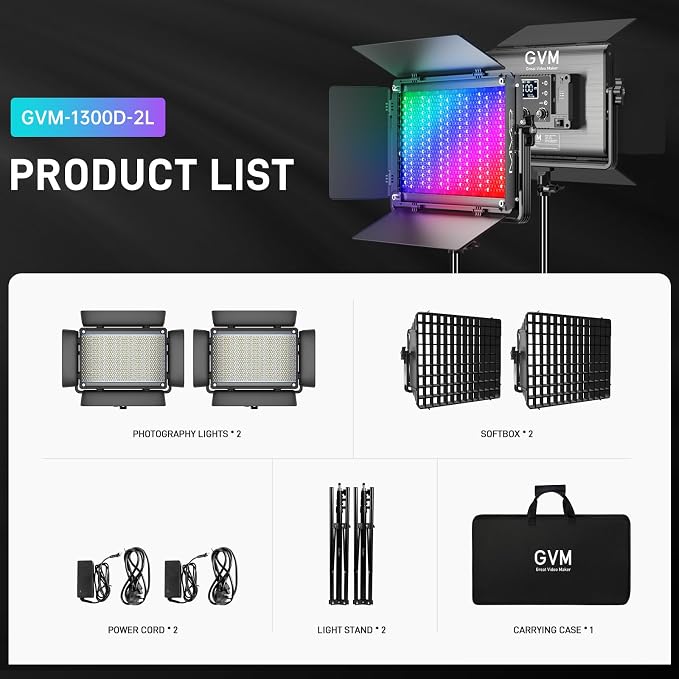 GVM 1300D RGB Video Light with Softbox, 65W LED Video Lighting Kit,