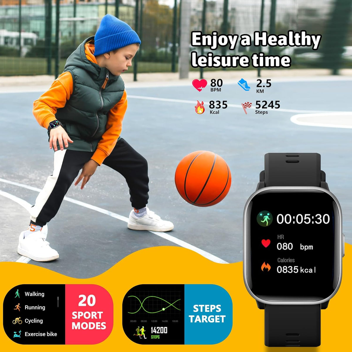 Skiennix Kids Smartwatch - 20 Sport Modes, Pedometer & Sleep Monitor | Perfect Birthday Gift for Ages 6-16 (Black)