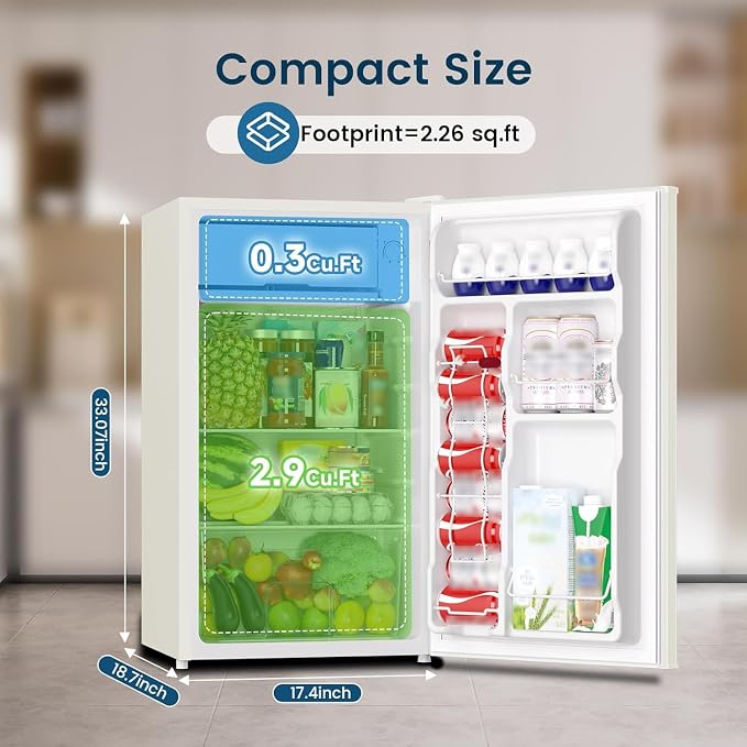 Mini Fridge with Freezer 3.2 Cu.Ft for Bedroom Cream White | Single Door, Small Refrigerator, Energy-efficient, Low Noise, Mini fridge for Dorm Office