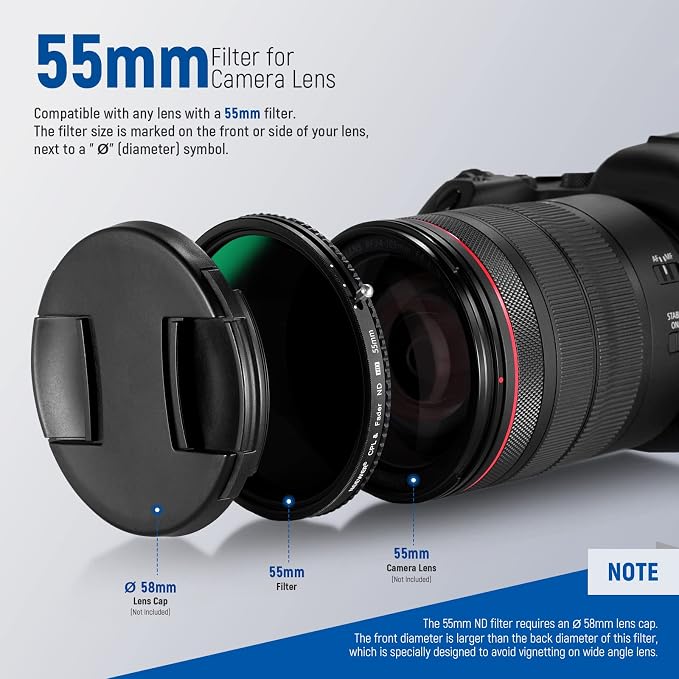 NEEWER 2 in 1 55mm Variable ND Filter ND2–ND32&CPL Filter No X Cross/30 Layer