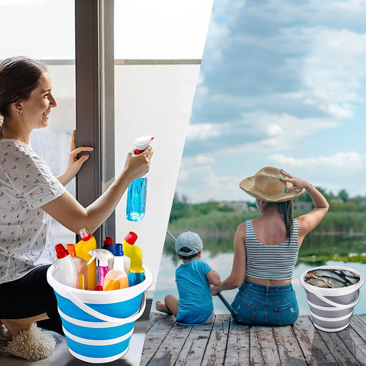2 Pack Collapsible Buckets 10L 2.6 Gallon Cleaning Bucket Mop Bucket Folding Foldable Portable Small Plastic Water Supplies for Outdoor Garden Camping Fishing Car Wash Space Saving Grey and Blue