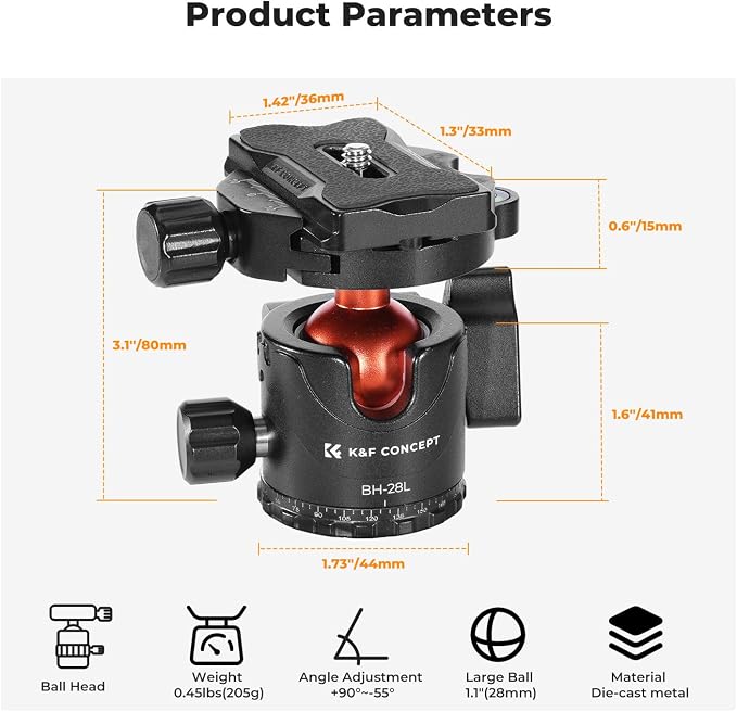 K&F CONCEPT Professional 28mm Metal Tripod Ball Head 360 Degree Rotating