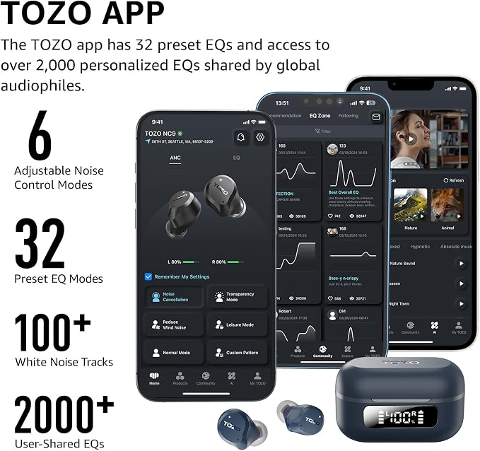 TOZO NC9 Hybrid Active Noise Cancelling Wireless Earbuds, 60H, LED Display | 6 Mic ENC Clear Calls, Deep Bass Sound, IPX8, in Ear Bluetooth 5.3 Headphones,32 EQs via APP, Comfort Fit Ear Buds, Blue