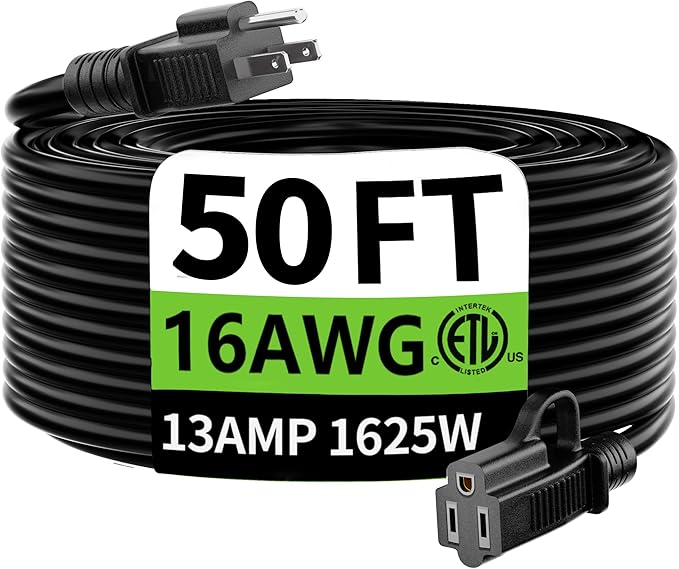 HUANCHAIN Black Outdoor Extension Cord 50 ft Waterproof, Indoor 16/3 Gauge Flexible Resistant Appliance Extension Cord Outside, 13A 1625W 16AWG SJTW, 3 Prong Electric Cable, ETL Listed