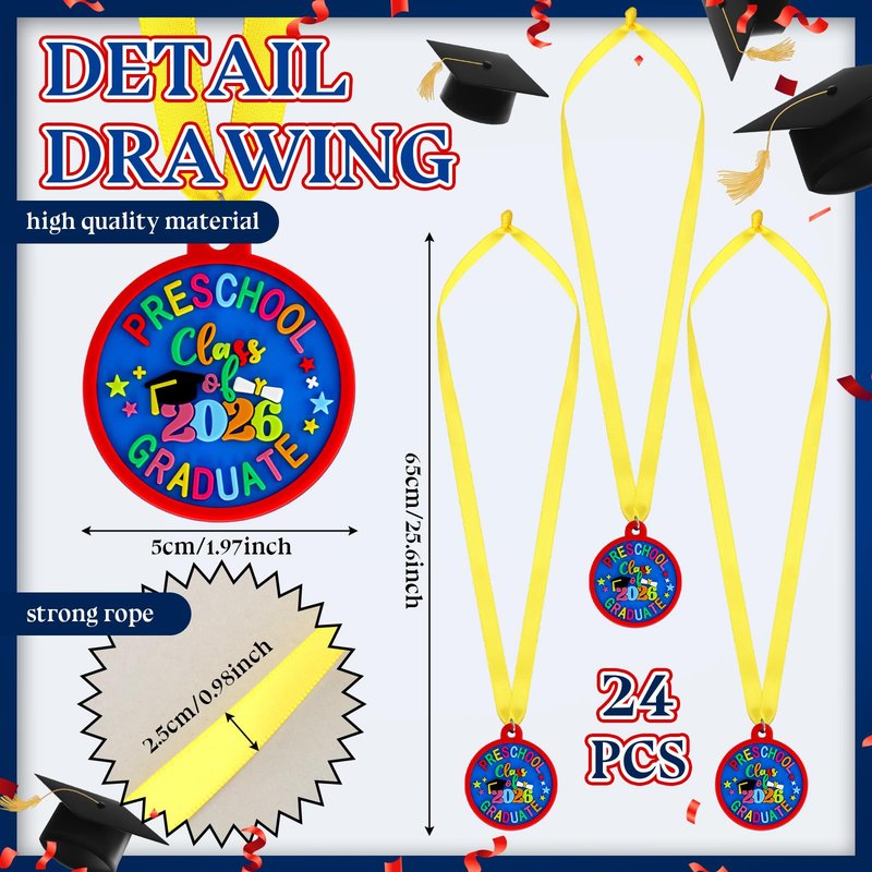 Sratte 12 Pcs Kindergarten Preschool Graduation Medal for Kids Graduating Award Medals with Yellow Neck Ribbon for Students Graduation Party Favors Supplies, 2 Inch (Class of 2026)