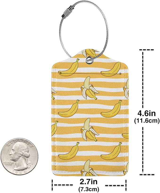 2 Packs Bananas Crew Luggage Tag for Adult Kids, Cute Yellow Background Fruit Suitcase Tag Labels Leather Travel Baggage Identifiers Tags with Full Back Privacy Name ID Card