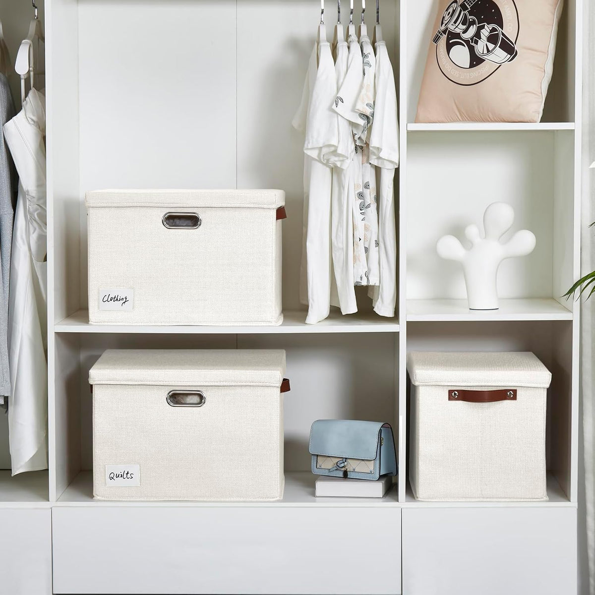 17" Large Collapsible Storage Bins with Lids, Stackable Closet Organizers with PU Handle and Labels, 3-Pack Decorative Fabric Storage Boxes for Home, Bedroom, Closet, Office, Nursery(White)