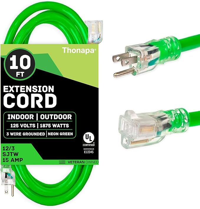 Thonapa 12 Gauge Extension Cord 10 ft for Outdoor - 12/3 Heavy Duty Extension Cord 10 Foot 3 Prong Grounded Plug 15 Amp, Neon Green High Visibility Electric Cable Great for Major Appliances