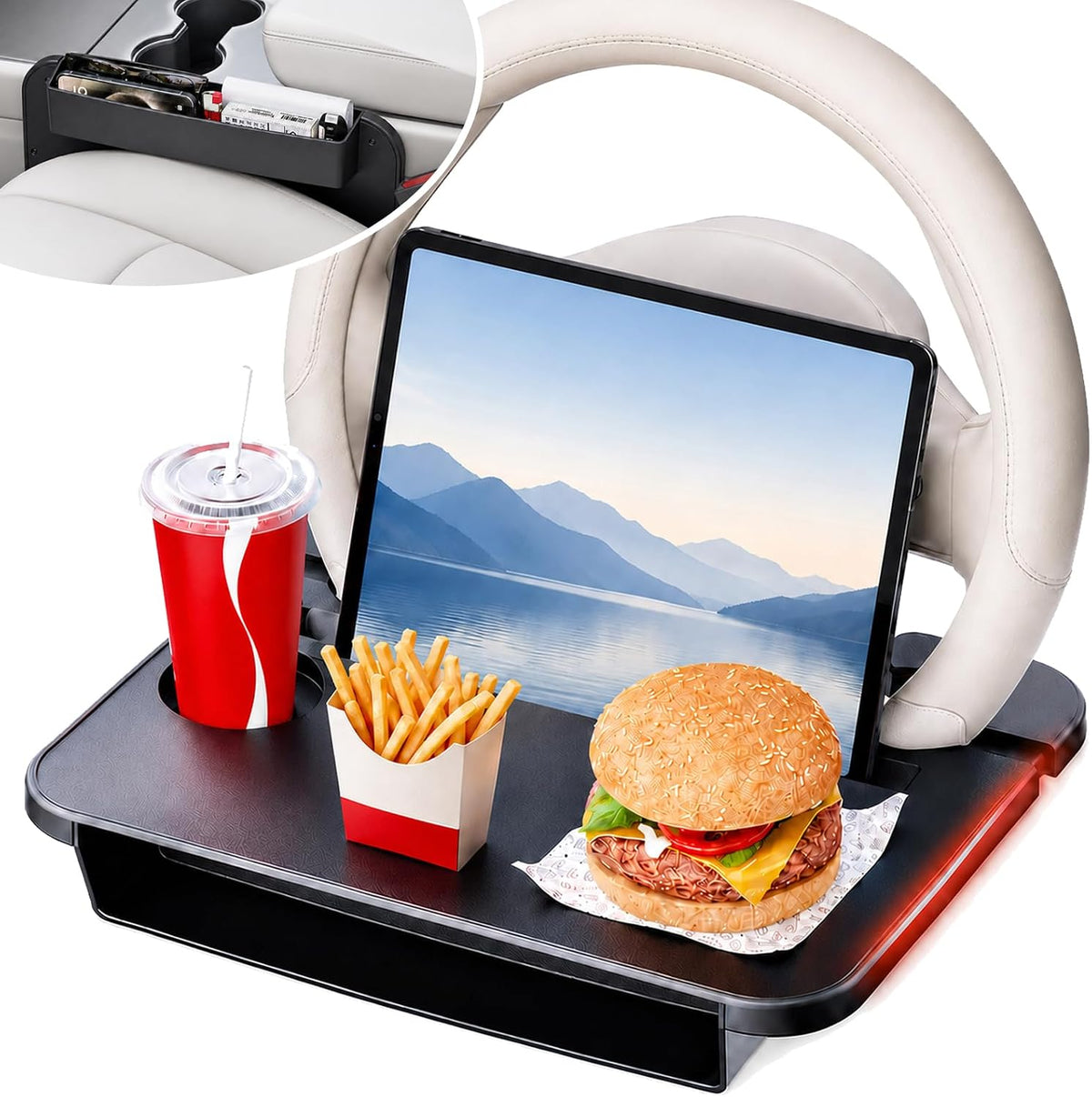 2-in-1 Steering Wheel Tray and Car Seat Gap Organizer for Drivers, Adjustable Food Tray and Laptop Desk Table for Eating, Working, Writing, Road Trips, Fits Most Cars, SUVs and Minivans