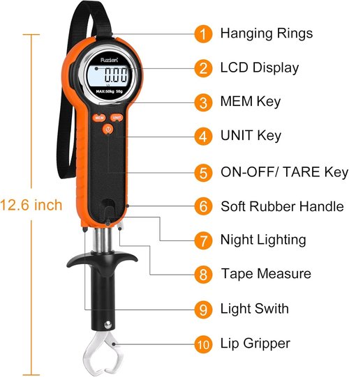 Fuzion Professional Fishing Scale - 110lb Waterproof Capacity, Night Light & Memory | Portable Weigh Kit with Lip Gripper, Batteries & Pouch