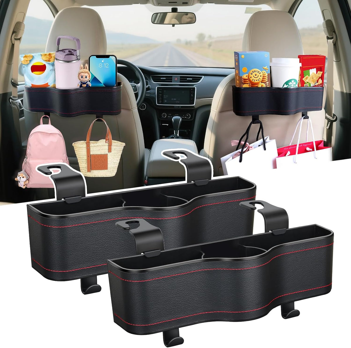Backseat Car Organizer with Cup Holder &Headrest Hooks, Premium Leather-1PC