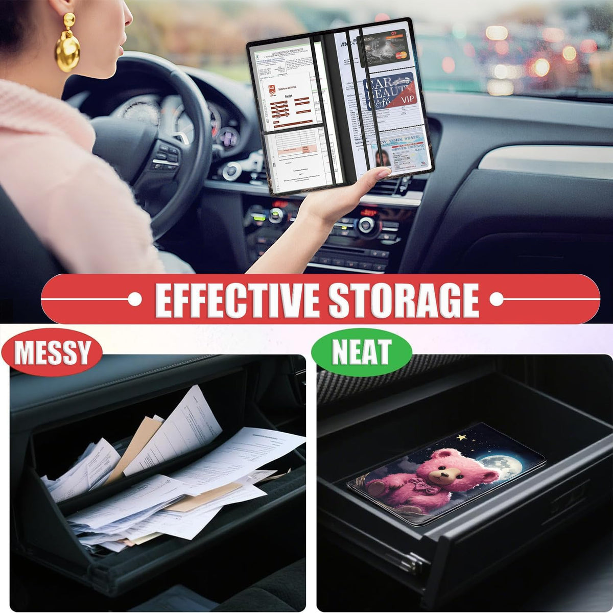 Car Document Holder with Magnetic Shut, Car Registration & Insurance Card Holder, Waterproof PU Leather Glove Box Organizer Vehicle Accessories Driver License for Women/Men, Cute Pink Bear Art