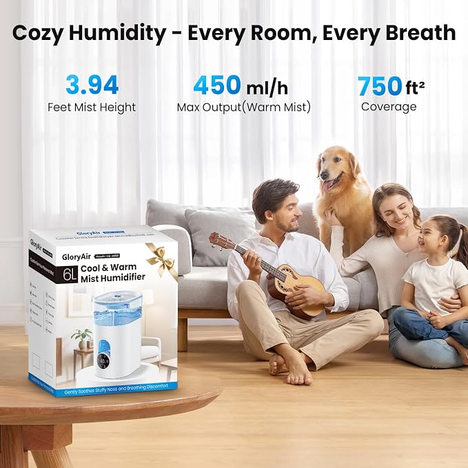 Humidifiers for Bedroom Large Room Home - GloryAir 6L Quiet Top Fill Cool & Warm Mist Humidifier with Smart Humidity Control, Remote Control, 7-Color Light, Humidistat, Oil Diffuser