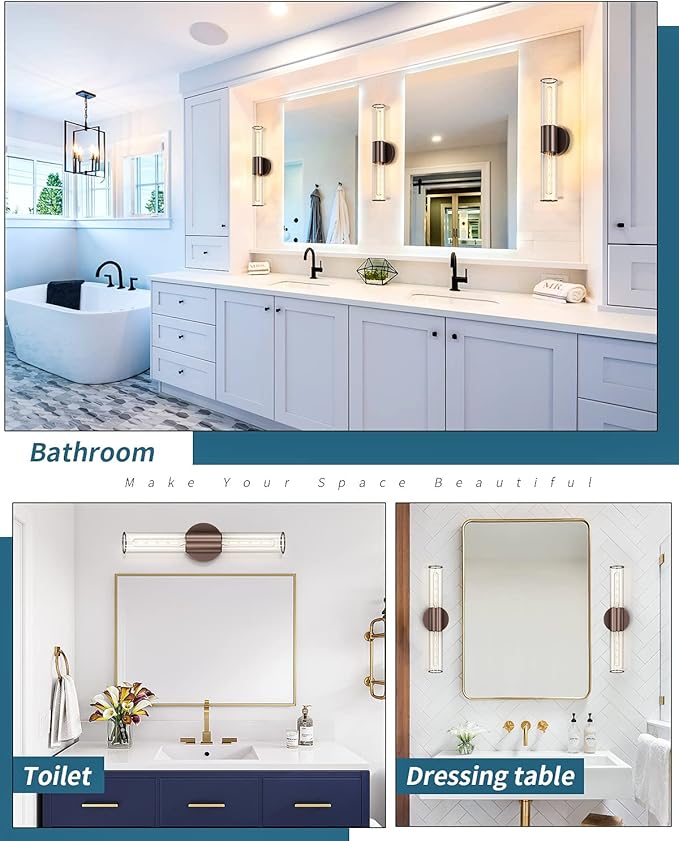 Bathroom Vanity Light Fixture, 2-Light Oil Rubbed Bronze Wall Sconce Lighting Fixture with Clear Glass, Indoor E26 Socket Wall Lamp for Mirror Living Room Hallway(Bulb Not Included)