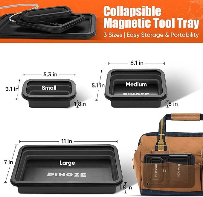 Collapsible Magnetic Parts Organizer Trays & 12" Flexible Magnetic Pickup Tool, 3 Different Size Magnet Tool Trays & Pick-Up Sweeper for Screw, Bolts, Nuts, Washers, Pins and Metal Parts, Black