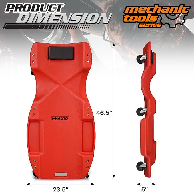 M-AUTO Mechanic Plastic Creeper with Dual Tool Trays, 48" Ergonomic Rolling Garage Shop Creeper with Padded Headrest, 4 Noiseless Casters 350LBS Capacity Red
