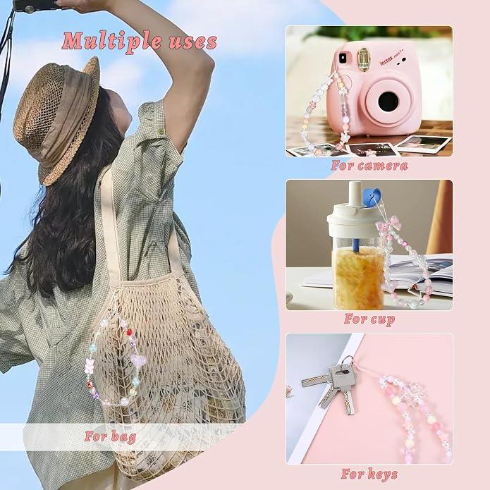 Pink Beaded Phone Wrist Straps, Y2K Phone Case Charms Camera Charm Strap