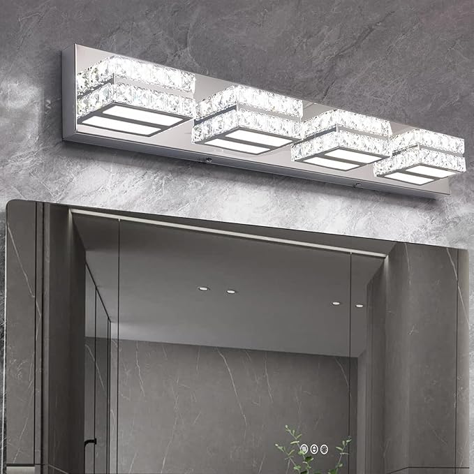 OKELI Crystal Vanity Lights LED Bathroom Vanity Light Fixture Over Mirror Modern Indoor Mirror Front Lamp, 6000K Cold White Dimmable, 4-Lights, 24W, ETL Listed