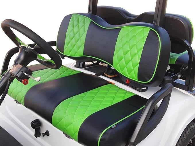 Huskey 2PCS Golf Cart Front Seat Covers for EZGO Medalist/TXT 94-13 Custom Two-Tone Black/Lime Green Diamond Stitching with Lime Green Piping, Marine Grade Vinyl Material, Staple on Design