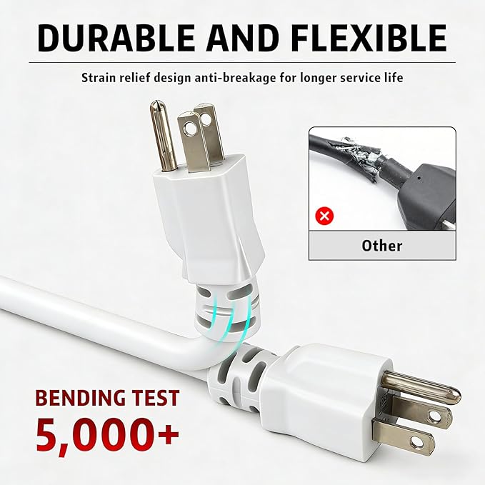 Indoor Outdoor Extension Cord, 12 Gauge 3 Prong Weatherproof Heavy Duty White Extension Cords，12/3 SJTW 15A 30 FT Extension Cable for Garage, Garden and Home, UL Listed