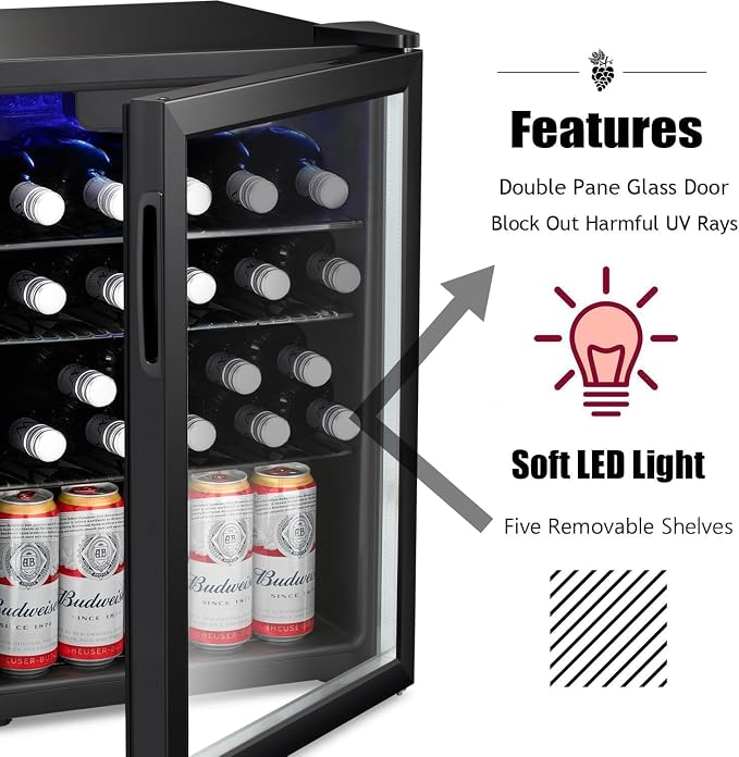 Antarctic Star Wine Cooler Beverage Refrigerator Mini Fridge 2.4 cu.ft | 16 Bottle Capacity, Clear Glass Door Quiet Freestanding Cellar for Beer Soda Bar