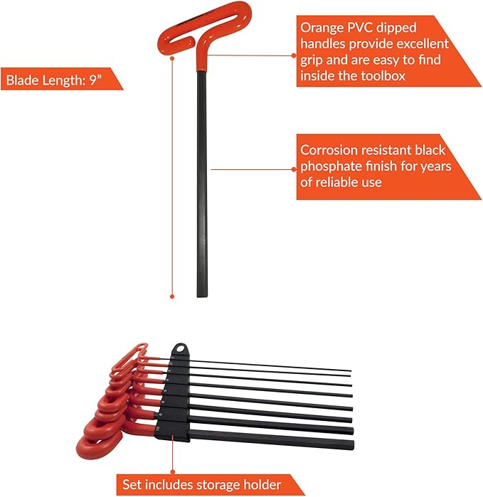 Dynamic 8 Piece 9" Long T-Handle, Metric Hex Key Set, 2mm - 10mm