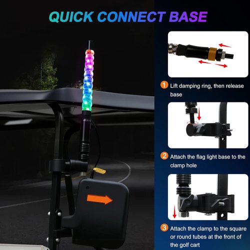 iLSKW 2-Pack 1FT Golf Cart LED Whip Lights Holder, for 0.59-1.18" Rails, APP&Remote Control RGB Whips, with Brake Turn Reverse Signal Function, for 36V 48V 72V Golf Carts (Included DC Converter)