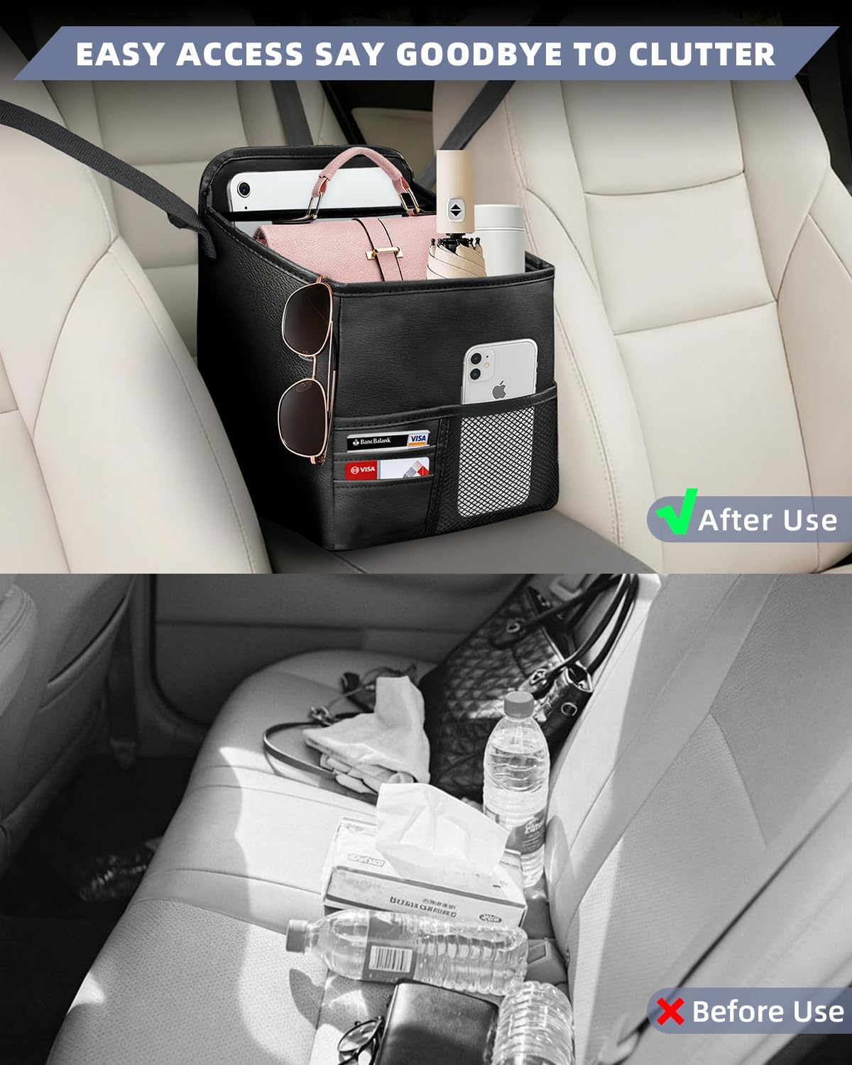 Leather Car Purse Holder Between Seats with Expandable Pocket