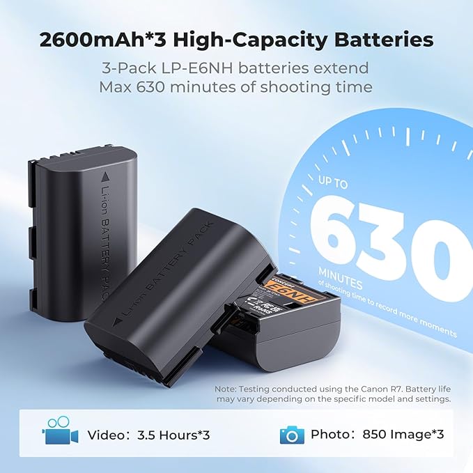 K&F CONCEPT 2600mAh LP-E6NH Battery and 3-Slot Battery Charger Compatible