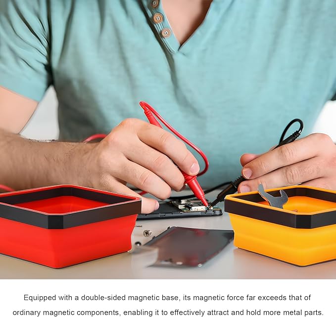Collapsible Magnetic Parts Tray, 4.5" Square Silicone Metal Parts Organizer Double-Sided Magnet Bowl, Foldable Magnetic Tool Trays for Screws Bolts Nuts Washers Pins (Red)