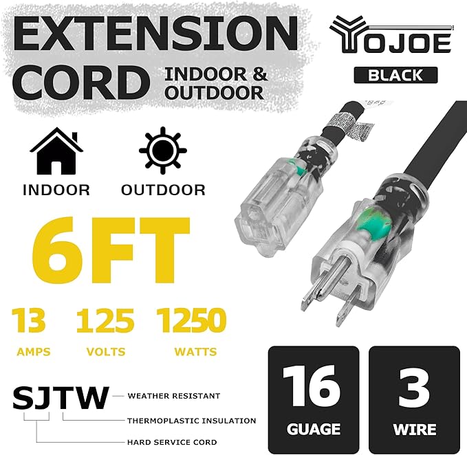 YOJOE Indoor Outdoor Extension Cord with Lighted End, 3 Prong 13A Weatherproof Power Cord, 16 Gauge Heavy Duty 6 ft Black Extension Cord for Garage, Garden and Home, 16/3 SJTW UL Listed