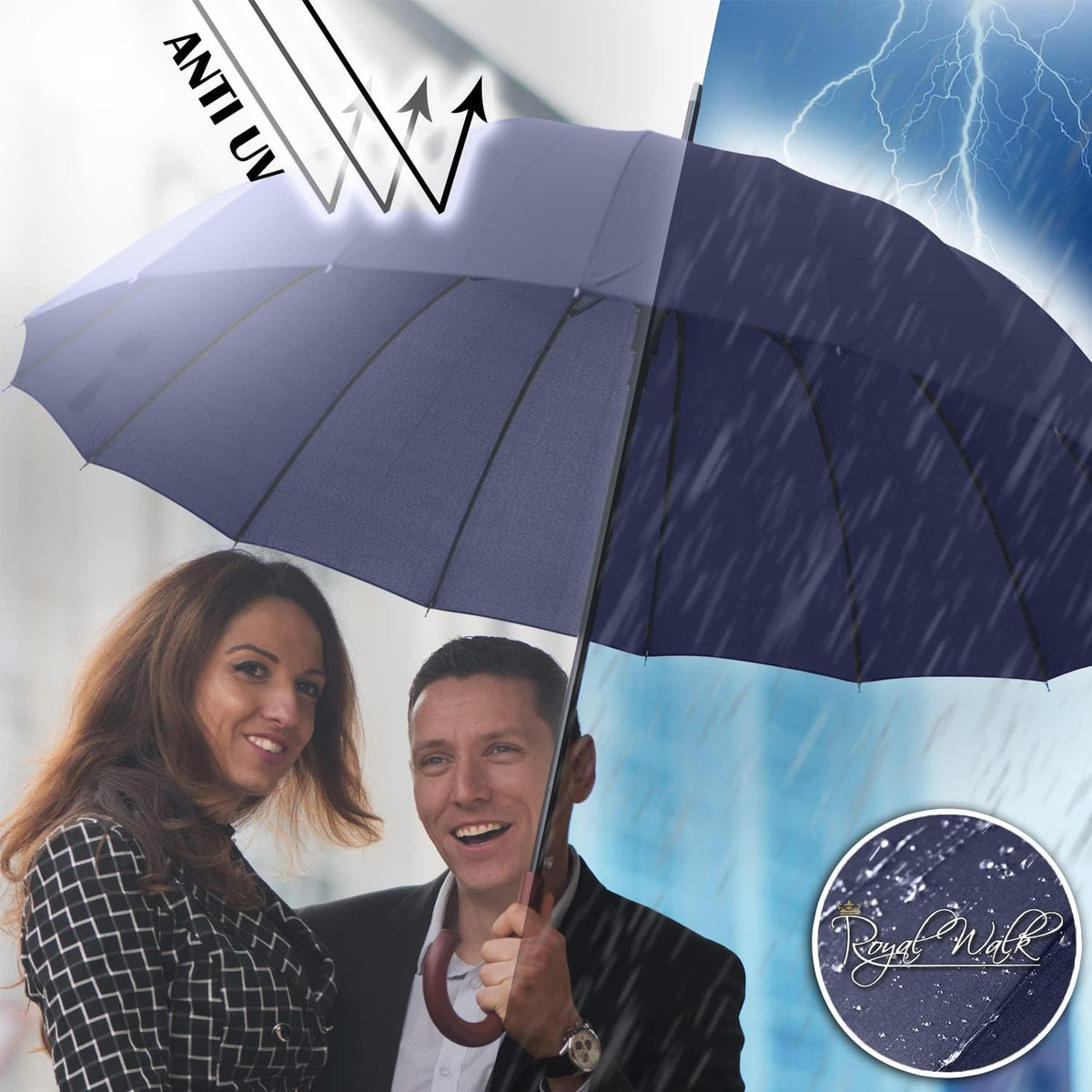 Royal Walk Large Windproof Umbrella for 2 - Navy Blue, 54 Inch, Auto Open, Wooden Handle, 16 Ribs
