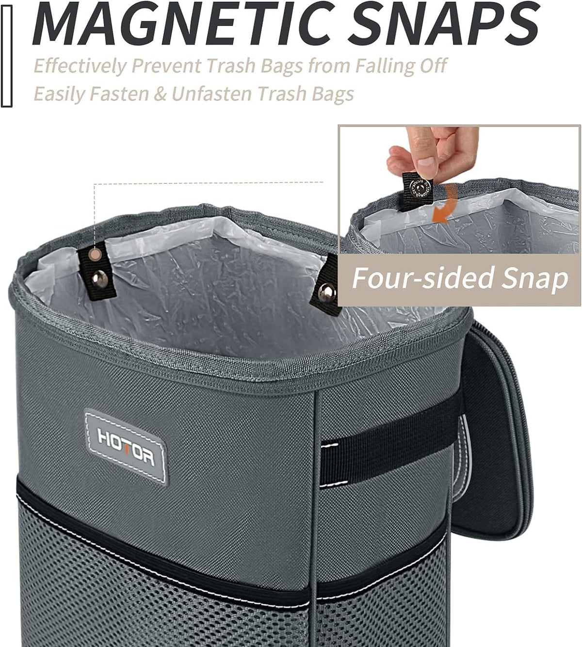 HOTOR Car Trash Can, Multifunctional Car Accessory for Interior Car Stuff Storage with Compact Design, Waterproof Car Organizer and Storage with Adjustable Straps, Magnetic Snaps, 2 Gallons, Gray