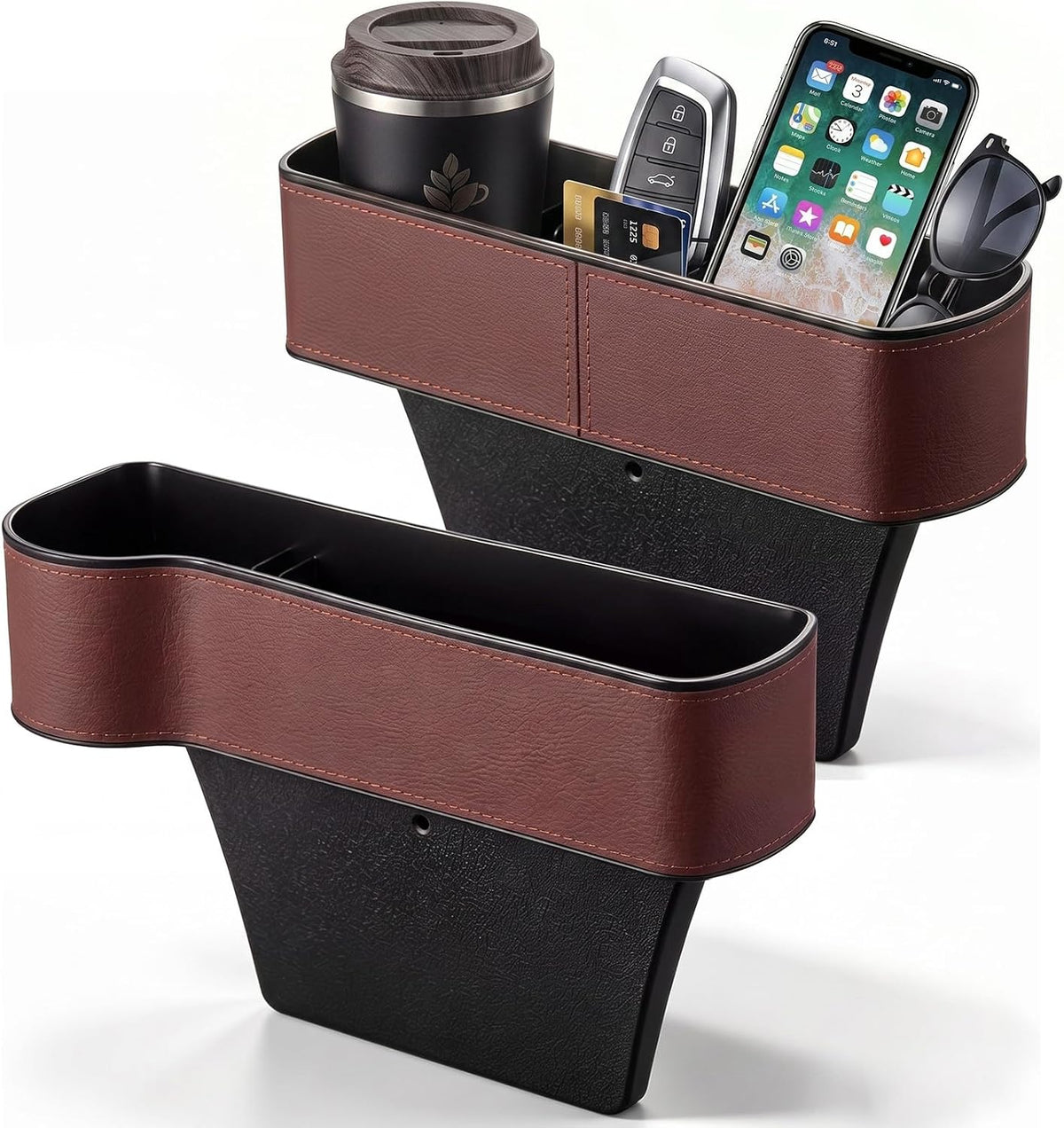 BBTO 2 Pack Car Seat Gap Filler Organizer with Cup Holder, Brown PU Leather