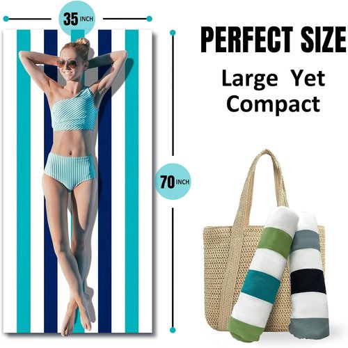 Cabanana Large Oversized Beach Towel - Quick-Dry Microfiber, Sand-Free, 35 x 70 Inch, Turquoise Striped Design
