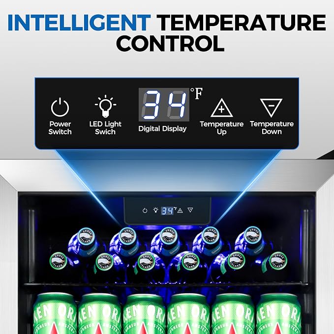 20 Inch Beverage Refrigerator Cooler, 145 Cans Mini Fridge with Glass Door&Lock, Small Drink Cooler Freestanding/Counter-Top for Soda, Beer with LED Light for Home Bar Office - 3.4 Cu.Ft, Silver
