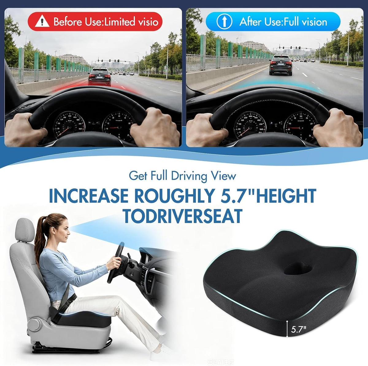 Car Seat Cushion, Ergonomic Memory Foam Car Seat Pad for Sciatica Pain Relief, Larger Driving Seat Cushion for Car Short Drivers on Long Drives - Butt Cushion for Car,Truck, Office - Black