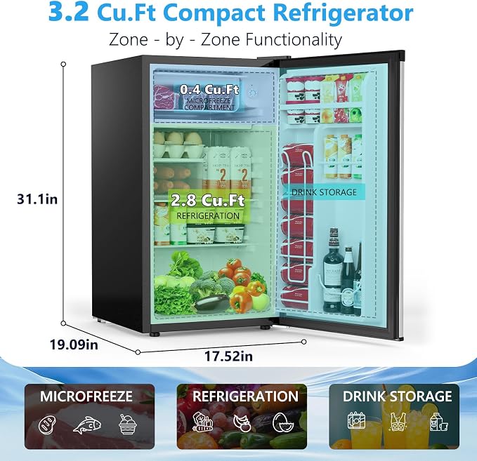 COWSAR 3.2 Cu.Ft Mini Fridge with Freezer for Bedroom Dorm, Silver | Single Reversible Door, 7 Temperature Settings, Energy Saving, 2 Removable Glass Shelves, Small Refrigerator for Apartment