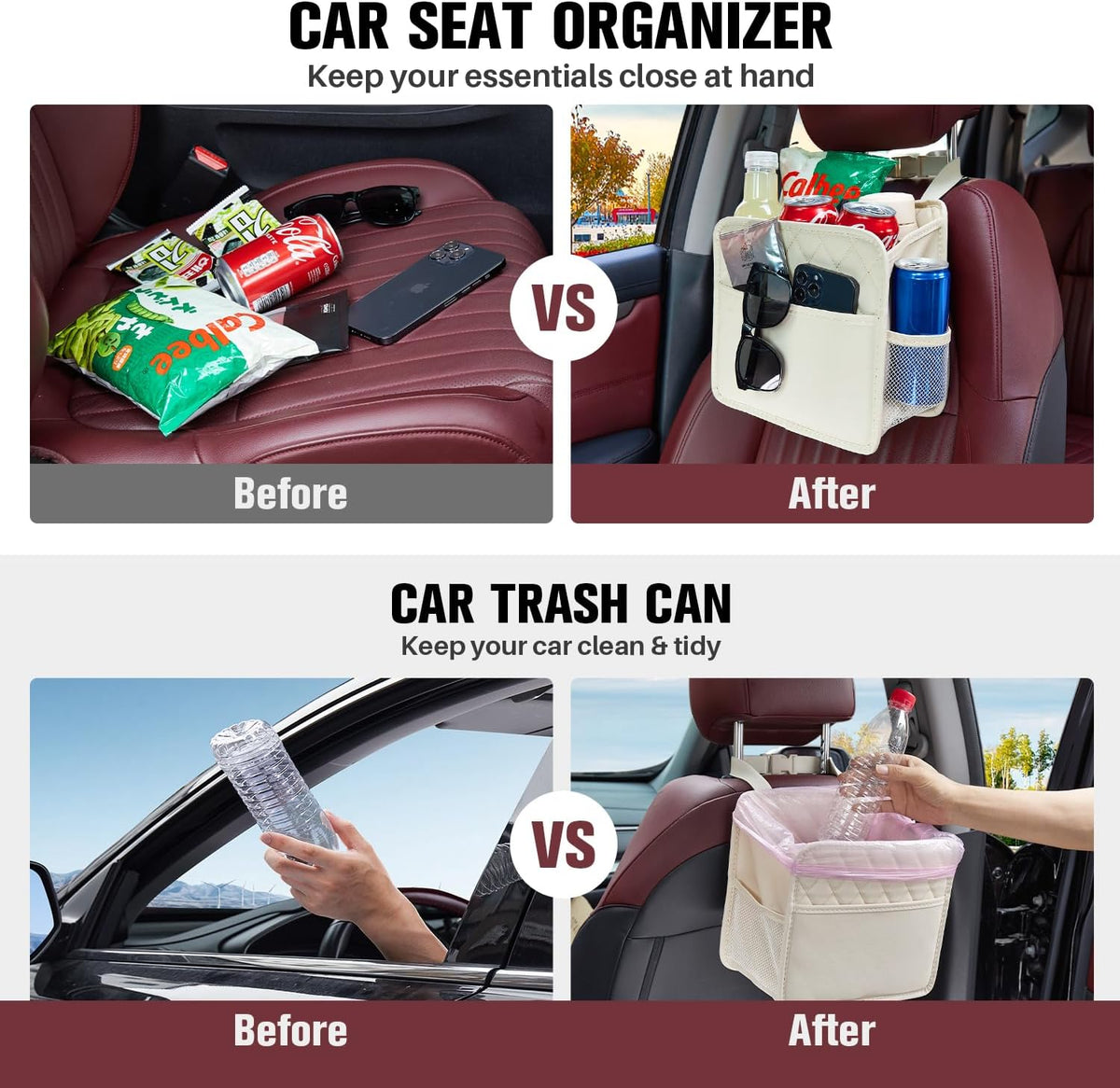 LXUNYI Back Seat Car Organizer, Large Car Seat Organizer with Cup Holders Multifunctional Over the Car Seat Organizer Backseat Hanging Leather Car Seat Organizers and Storage Bags(Beige 1Pack)