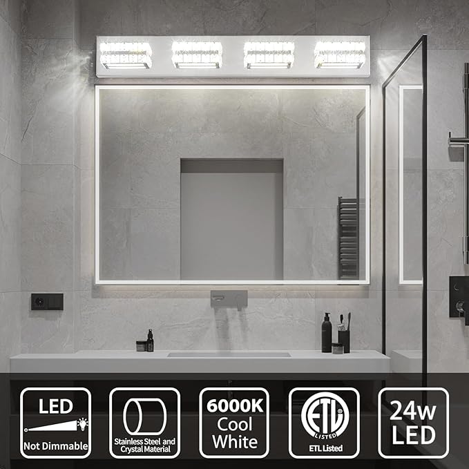 OKELI Crystal Vanity Lights LED Bathroom Vanity Light Fixture Over Mirror Modern Indoor Mirror Front Lamp, 6000K Cold White Dimmable, 4-Lights, 24W, ETL Listed