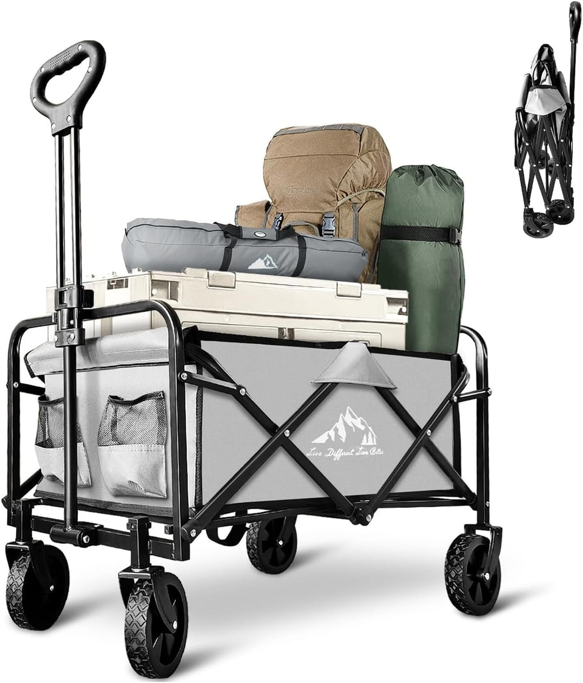 Collapsible Foldable Wagon, Beach Cart Large Capacity, Heavy Duty Folding Wagon Portable, for Outdoor Sports, Shopping, Camping, Gray